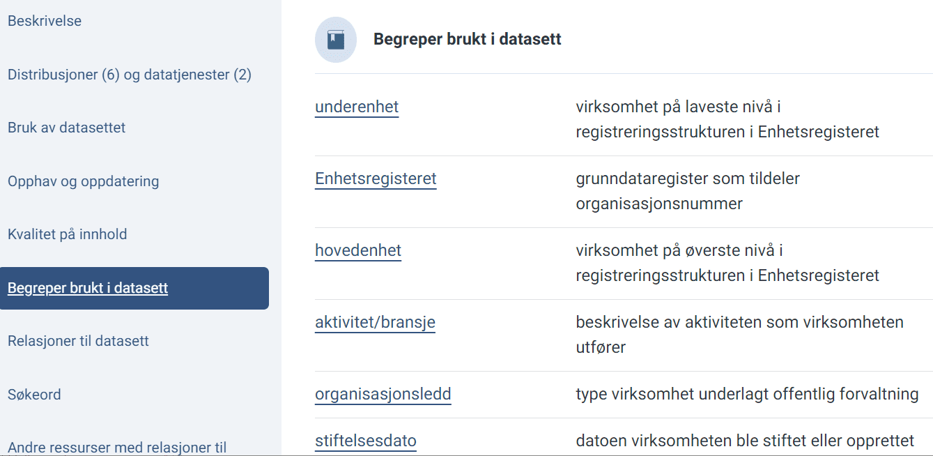 Eksempel på begrep tilknyttet et datasett