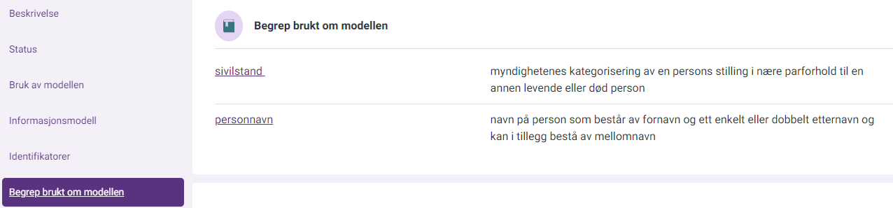 Eksempel på begrep tilknyttet en informasjonsmodell