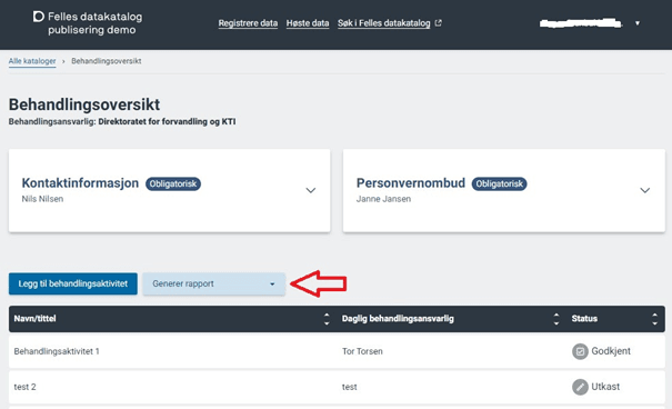 Bilde som viser hvor knappen «Generer rapport» er på behandlingsoversiktsiden.