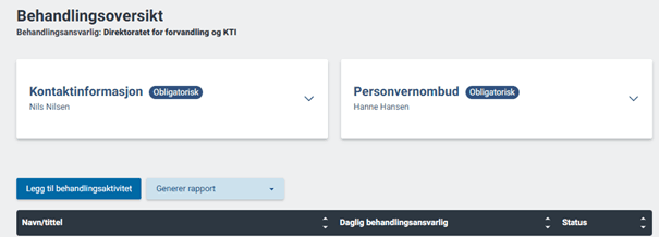Bilde som viser temaene «Kontaktinformasjon» og «Personvernombud» i Behandlingsoversikt.
