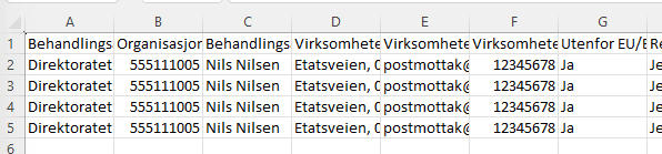 Bilde som viser eksempel på rapport «Behandlingsoversikt CSV» åpnet i MS Excel.