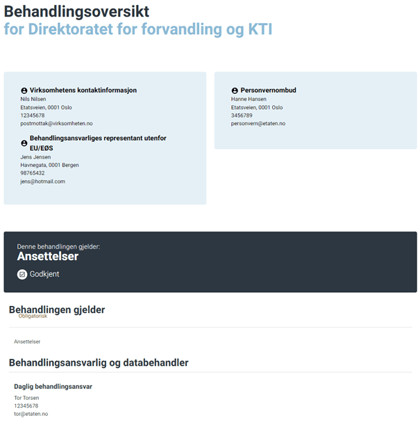 Bilde av et eksempel på rapport «Behandlingsoversikt» som HTML.