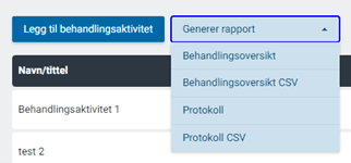 Bilde som viser at knappen «Generer rapport» er valgt og at under denne er det fire rapporttyper.