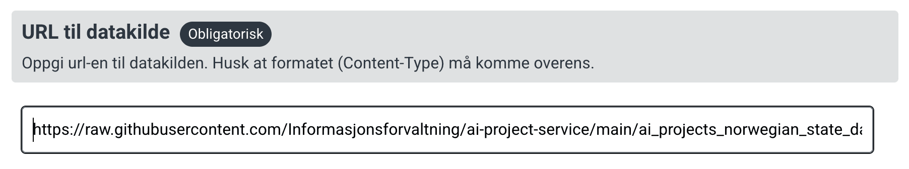 URL til datakilde er fylt ut med lenke til filen på Github